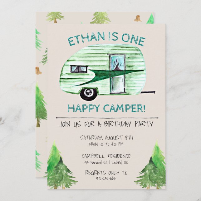 One Happy Camper First Birthday Party Invitation (Front/Back)
