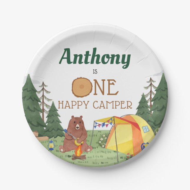 One Happy Camper First Birthday Party Paper Plates (Front)