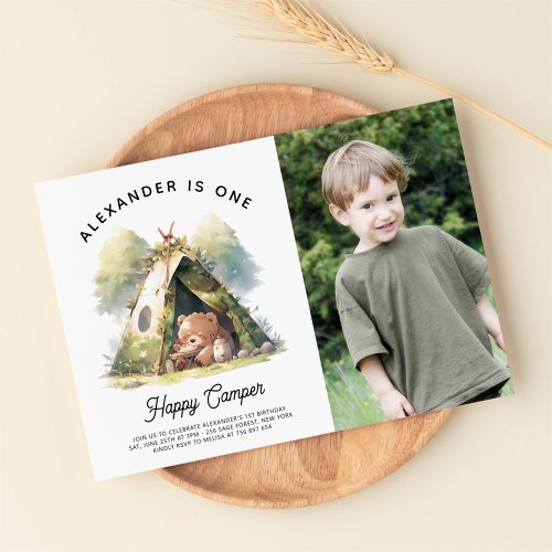 One Happy Camper First Birthday Photo Invitation