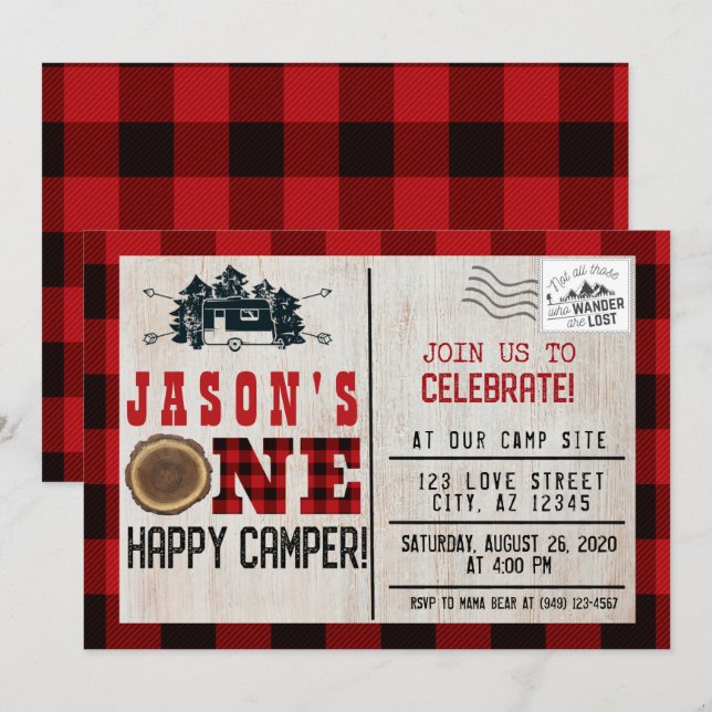 One Happy Camper Flannel Plaid 1st Birthday Invitation (Front/Back)