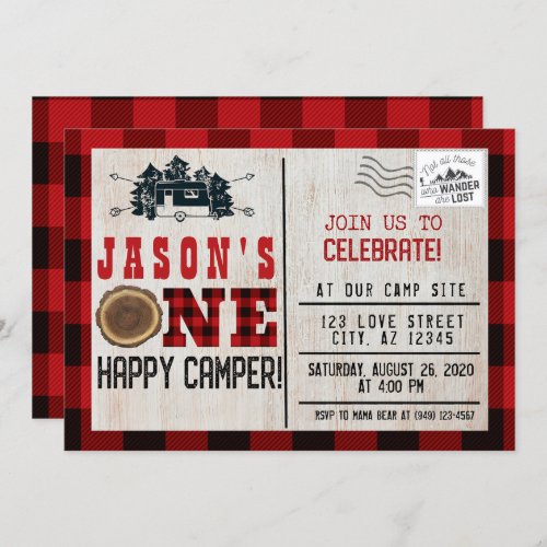 One Happy Camper Flannel Plaid 1st Birthday Invitation