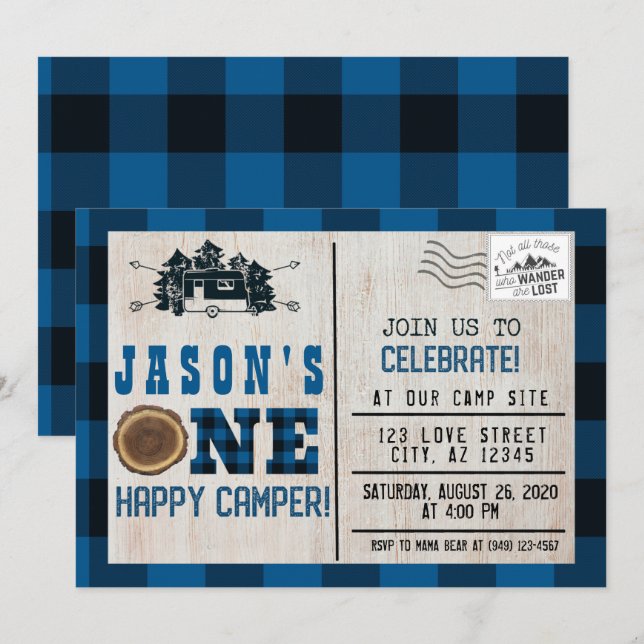 One Happy Camper Flannel Plaid 1st Birthday Invitation (Front/Back)