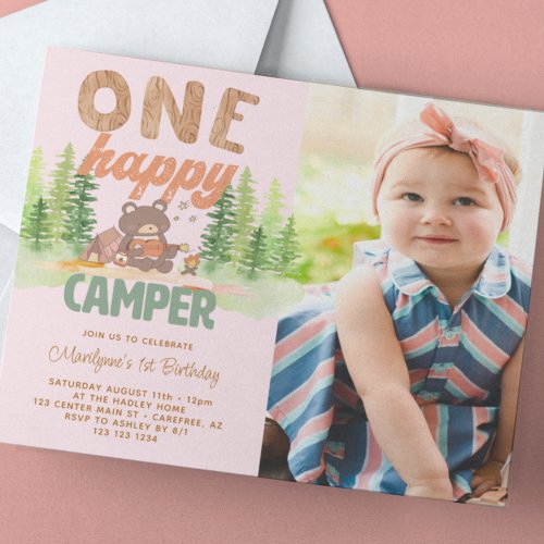 One Happy Camper Girl Photo 1st Birthday Invitation