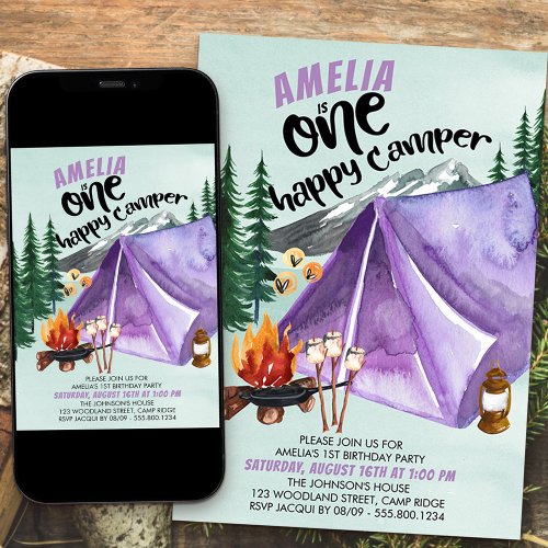 One Happy Camper Girls 1st Birthday Invitation