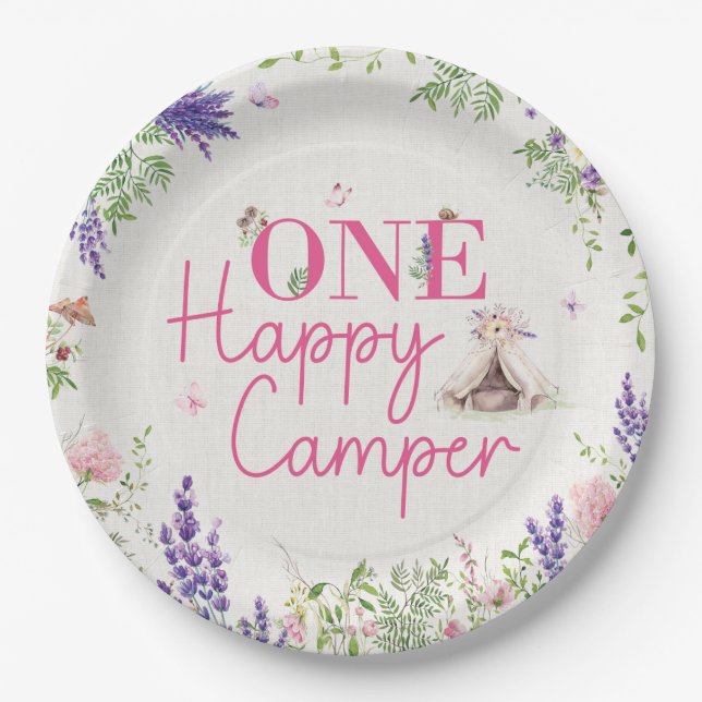 One Happy Camper Girls First Birthday Paper Plates (Front)