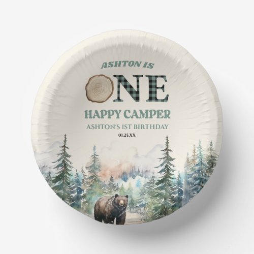 ONE Happy Camper Green Bear 1st Birthday Party Paper Bowls