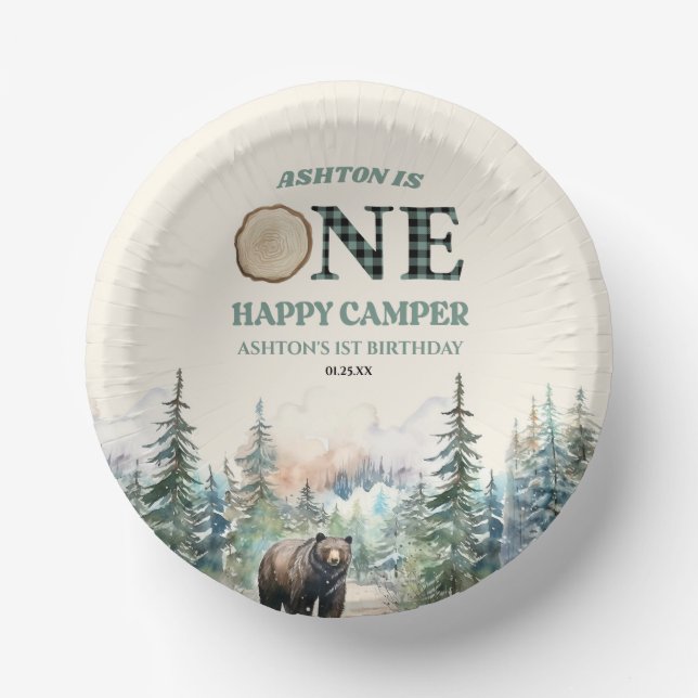 ONE Happy Camper Green Bear 1st Birthday Party Paper Bowls (Front)