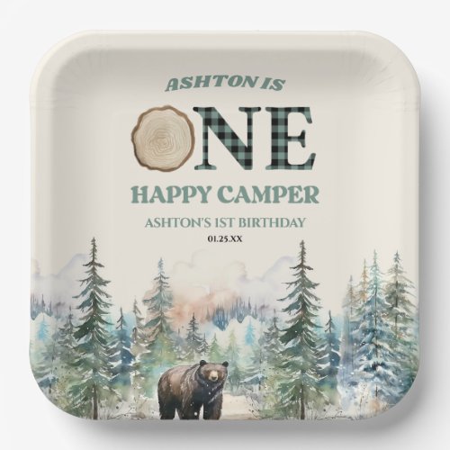 ONE Happy Camper Green Bear 1st Birthday Party Paper Plates