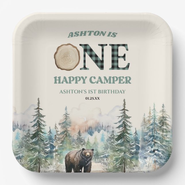 ONE Happy Camper Green Bear 1st Birthday Party Paper Plates (Front)