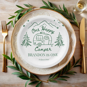 One happy camper green hand drawn birthday party paper plates