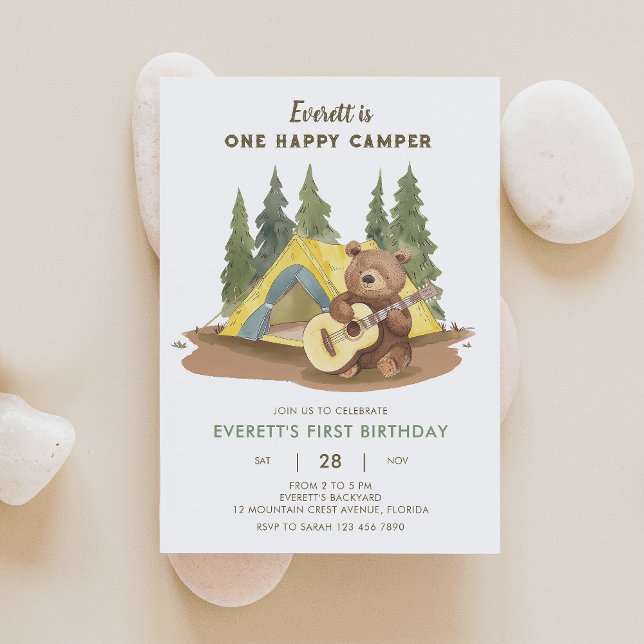 One Happy Camper Guitar Bear Birthday Invitation (Creator Uploaded)