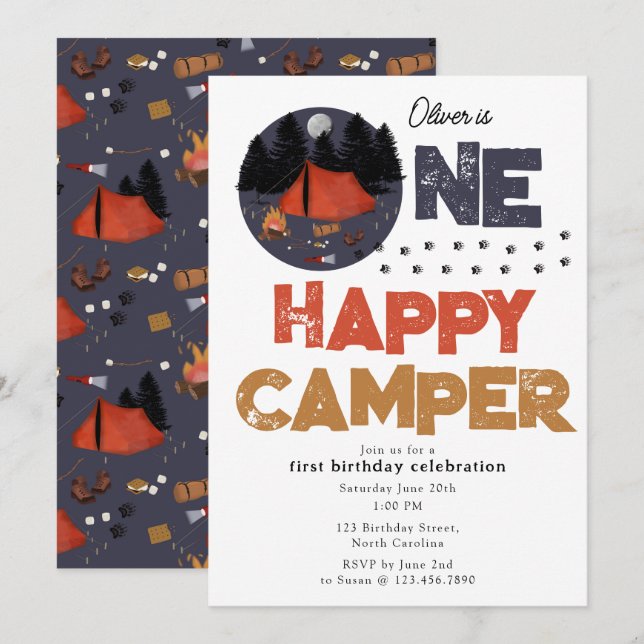 One Happy Camper Invite 1st Summer Birthday (Front/Back)