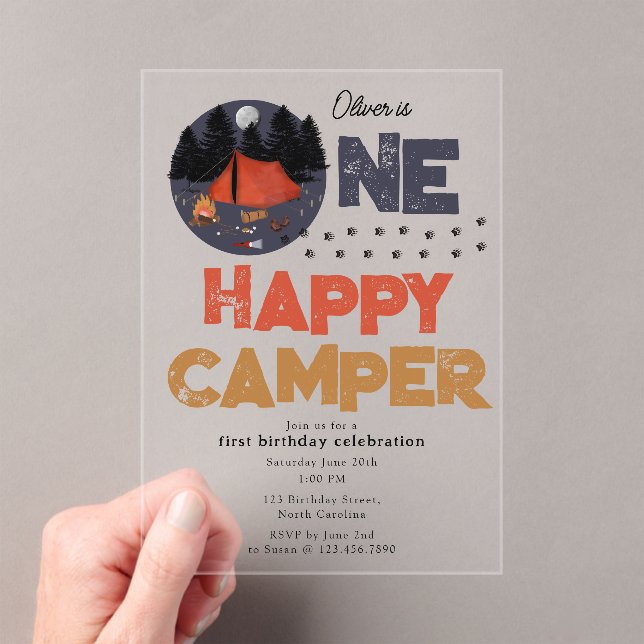 One Happy Camper Invite 1st Summer Birthday Acrylic Invitations (Insitu (Handheld))