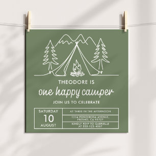 One Happy Camper Minimalist Sage Green Doodle Invitation
