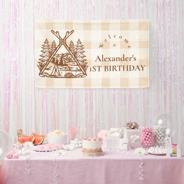 One Happy Camper Mountain Forest 1st Birthday  Banner (Party)