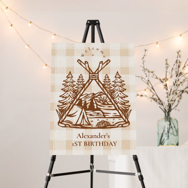 One Happy Camper Mountain Forest 1st Birthday  Foam Board (In Situ (Stand))