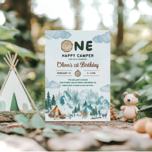 One Happy Camper Mountain Forest 1st Birthday Invitation