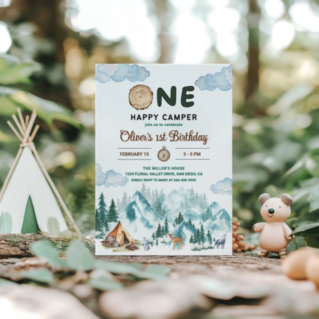 One Happy Camper Mountain Forest 1st Birthday Invitation (One happy camper 1st birthday invitation)