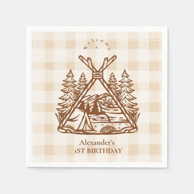 One Happy Camper Mountain Forest 1st Birthday  Napkins (Front)