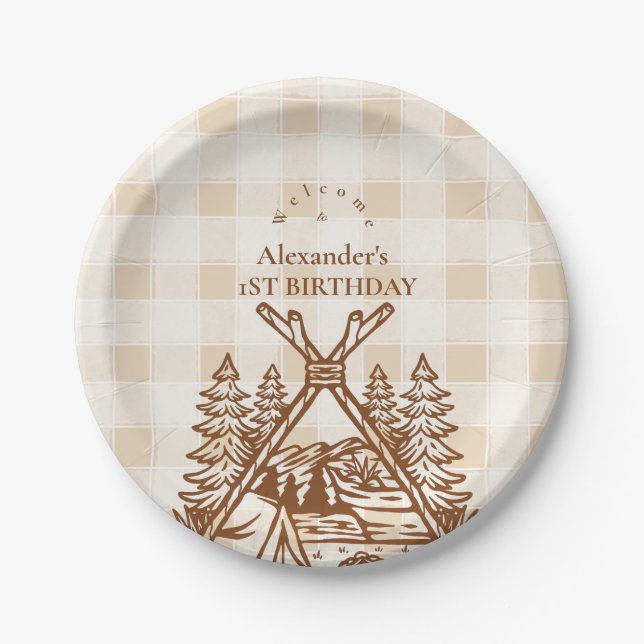 One Happy Camper Mountain Forest 1st Birthday  Paper Plates (Front)