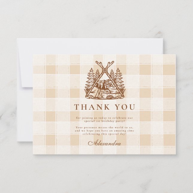 One Happy Camper Mountain Forest 1st Birthday  Thank You Card (Front)