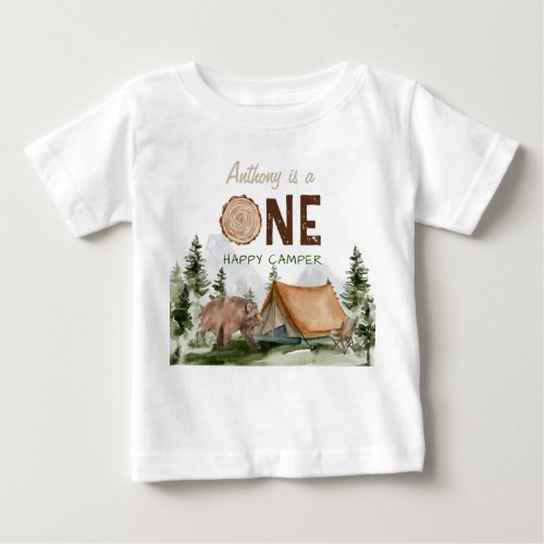 One Happy Camper Mountain Forest Bear 1st Birthday Baby T_Shirt