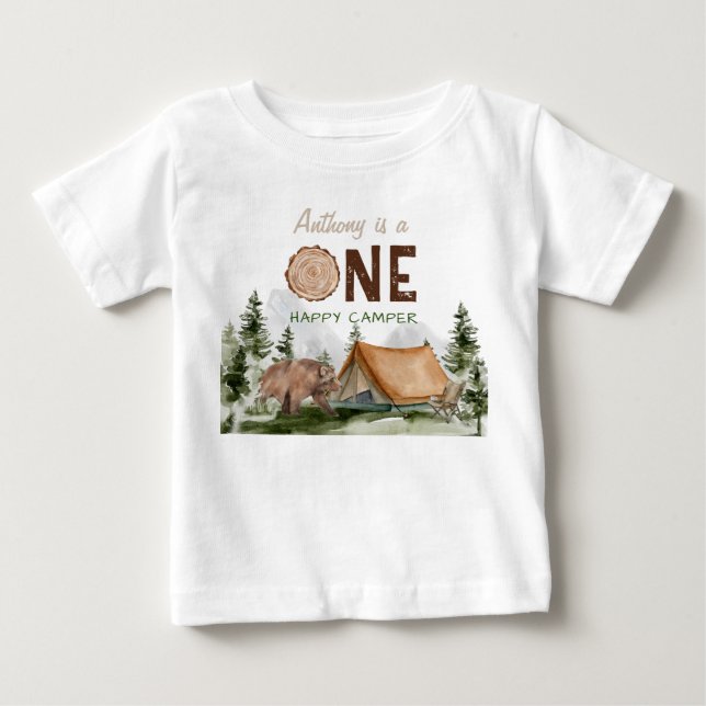 One Happy Camper Mountain Forest Bear 1st Birthday Baby T-Shirt (Front)