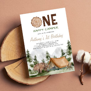 One Happy Camper Mountain Forest Bear 1st Birthday Invitation