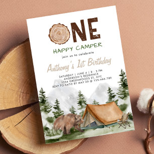 One Happy Camper Mountain Forest Bear 1st Birthday Invitation