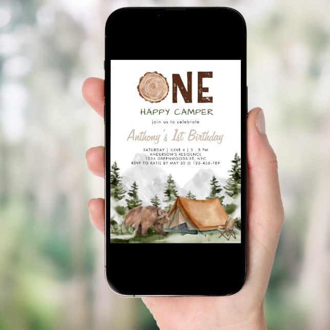 One Happy Camper Mountain Forest Bear 1st Birthday Invitation (Front Digital)