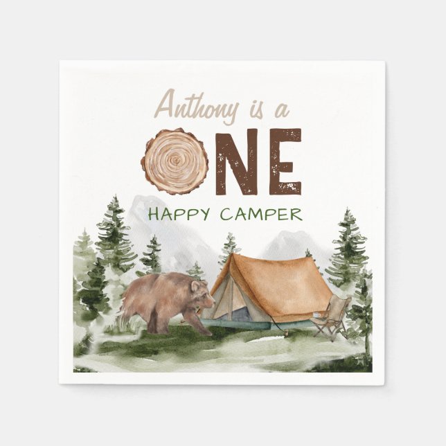 One Happy Camper Mountain Forest Bear 1st Birthday Napkins (Front)