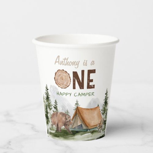 One Happy Camper Mountain Forest Bear 1st Birthday Paper Cups