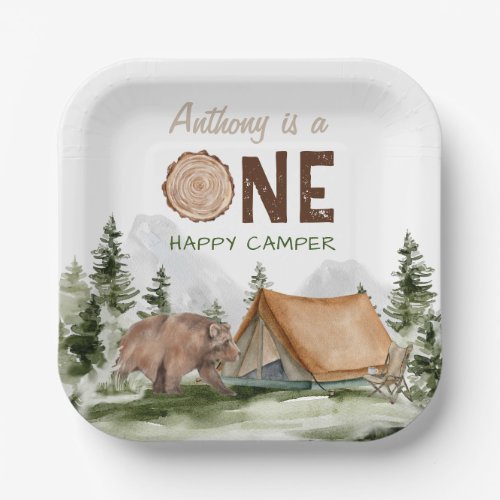 One Happy Camper Mountain Forest Bear 1st Birthday Paper Plates