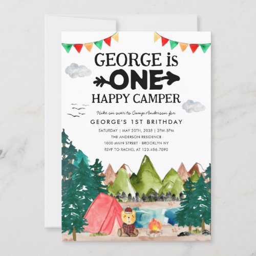 ONE Happy Camper Mountains Camping 1st Birthday Invitation