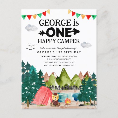ONE Happy Camper Mountains Camping 1st Birthday Postcard