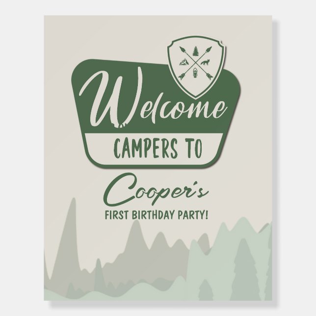 ONE happy camper, One First Birthday, Woodland Foam Board (Front)