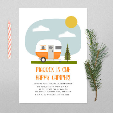 One Happy Camper Orange Trailer Birthday Invitation