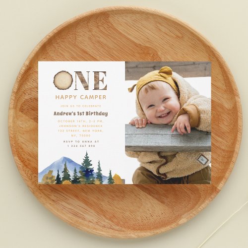 One Happy Camper Photo Boys 1st Birthday Forest Invitation