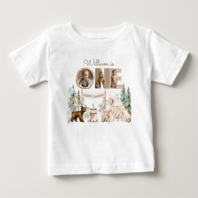 One Happy Camper Photo First Birthday Baby T-Shirt (Front)