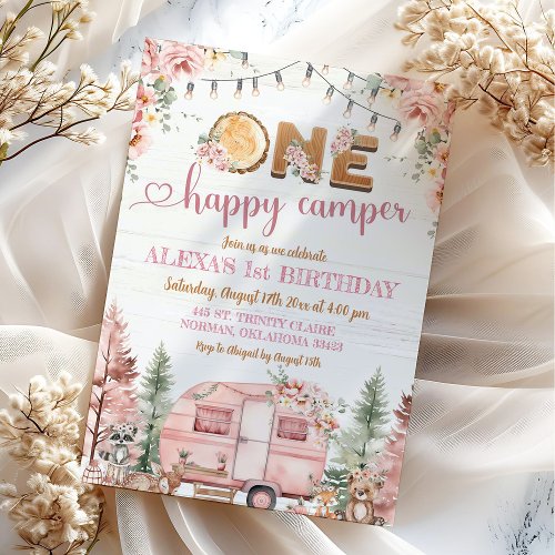 One Happy Camper Pink Rustic Girl Birthday Invitation