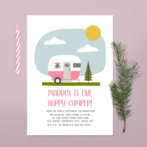 One Happy Camper Pink Trailer Birthday   Invitation