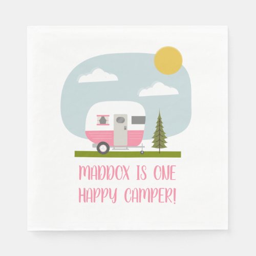 One Happy Camper Pink Trailer Birthday Napkins