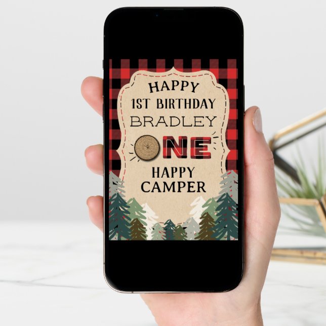 One Happy Camper Plaid Forest 1st Birthday Card (Front Digital)