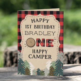 One Happy Camper Plaid Forest 1st Birthday Card