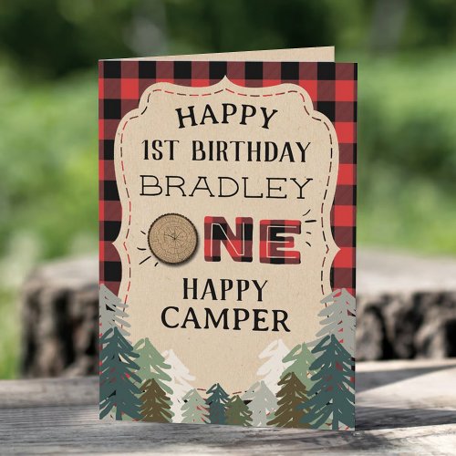 One Happy Camper Plaid Forest 1st Birthday Card