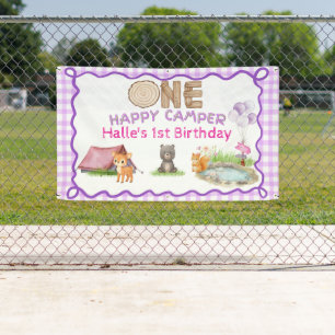 One Happy Camper Purple Watercolor Animal Birthday Banner