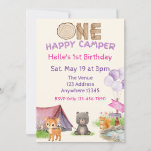 One Happy Camper Purple Watercolor Animal Birthday Invitation