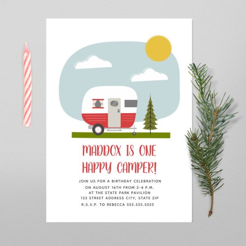 One Happy Camper Red Trailer Birthday Invitation