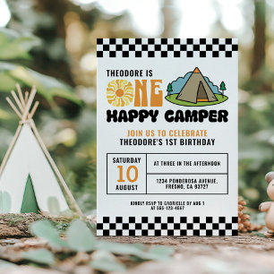 One Happy Camper Retro 70s Groovy One Boy 1st Invitation