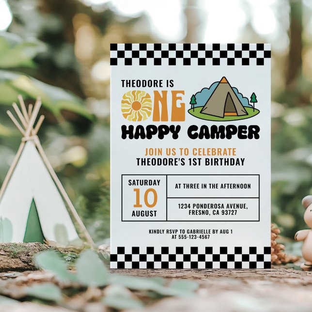 One Happy Camper Retro 70s Groovy One Boy 1st Invitation (Creator Uploaded)